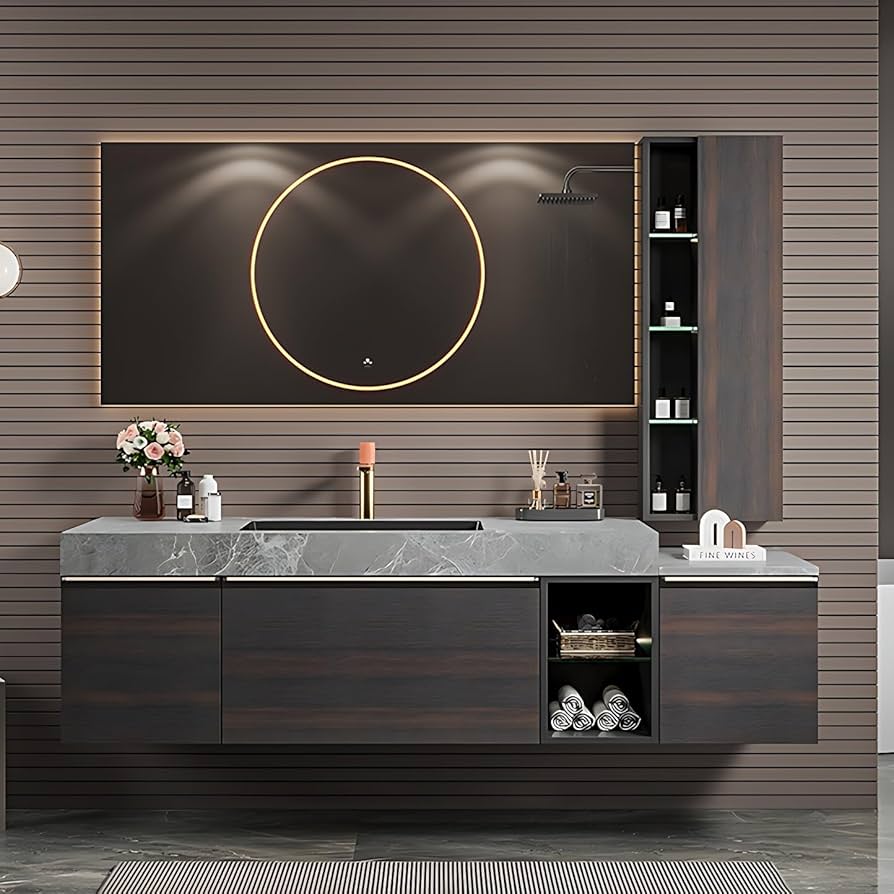 Custom master bathroom vanity with marble countertop and solid wood cabinetry in Franklin TN